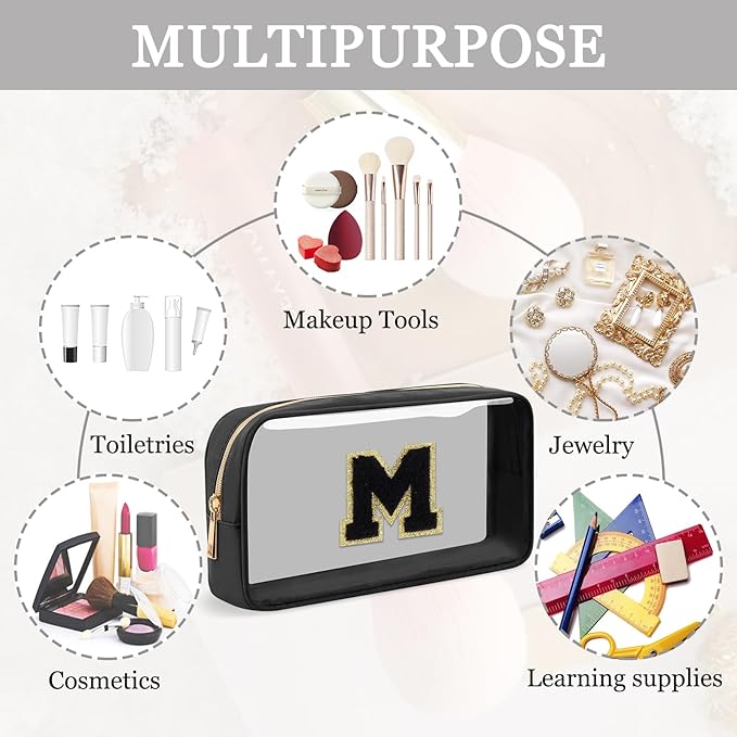 Small Clear Personalized Initial Makeup Bag,Nylon Preppy A-Z Chenille Letter Patch Cosmetic Pouch Beach Toiletry Bag,Waterproof Zipper Travel Purse Storage Bag Organizer for Women Girls(Black-Black M)