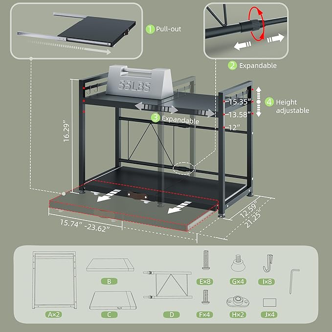 NETEL Expandable Microwave Stand,2 Tier Metal Kitchen Countertop Organizer Shelves with 8 Hooks,Bakers Rack,Pull-Out Microwave Shelf,55lbs Weight Capacity,Black