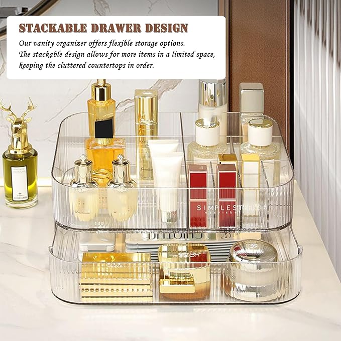 Makeup Organizer with Drawers, Stackable Cosmetics Organizer, Large Make Up Organizer Storage Box, Ideal for Bathroom Countertop and Desk (1 x Tray, Clear)