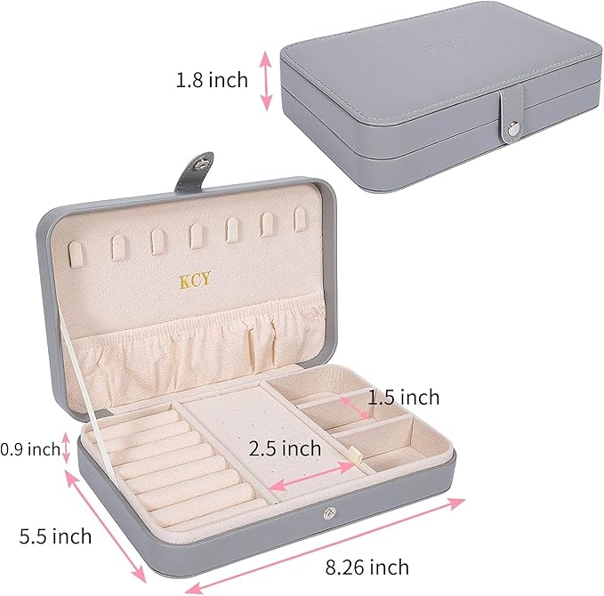 KCY Travel Jewelry Organizer Box for Women Girls, Small Travel Jewelry Case, PU Leather Portable Jewellery Storage Boxes Display Holder for Ring Earrings Necklace Bracelet Bangle, Gifts,Grey