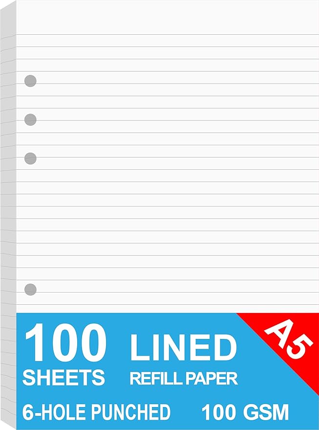 A5 Lined Paper, Refills for Filofax Planner, Organizer, Binders, 6 Hole Punched, 100 Sheets/200 Pages, 100gsm, White, 5.8 x 8.2 Inch