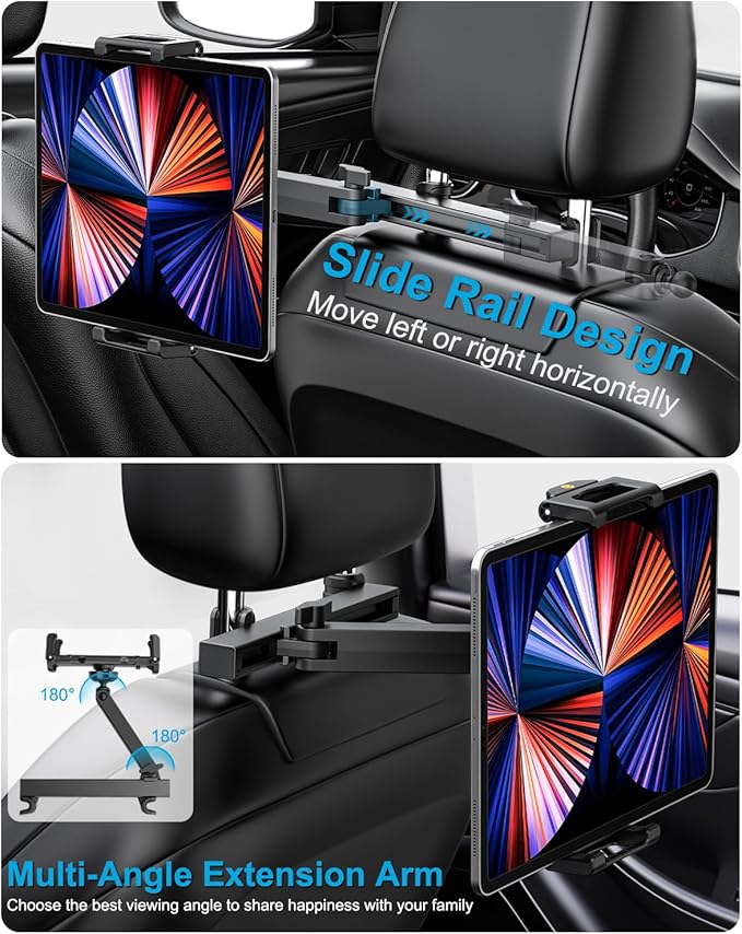 Car Back Seat Tablet Holder, [Thick Case Friendly] Car Headrest Tablet Mount Stand with Extension Arm, Road Trip Essentials for Kid, Fits iPad Pro 12.9 Air Mini, Tab, iPhone, 6.1-13" Device