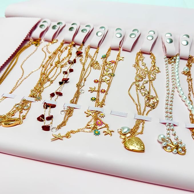 UnionPlus Travel Jewelry Roll, Faux Leather Necklaces Organizer Bag, Elastic Band and Anti-winding, Petal Pink