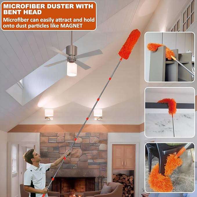 20 Feet High Reach Duster Kit with 2-14 ft Extension Pole, Cobweb & Corner Brush Cleaning Duster Kit for Cleaning, Microfiber Feather Duster Cleaner with Washable Head for Ceiling Fan, Furniture, Home