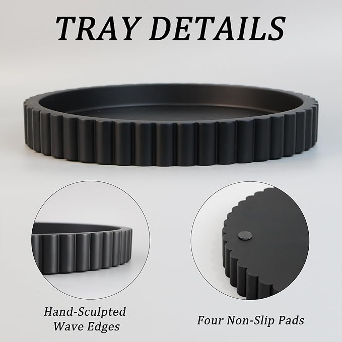Decorative Coffee Table Tray, 11" Round Resin Coffee Table Centerpiece Tray for Home Decor, Modern Organizer for Living Room, Console or Dresser, Matte Black