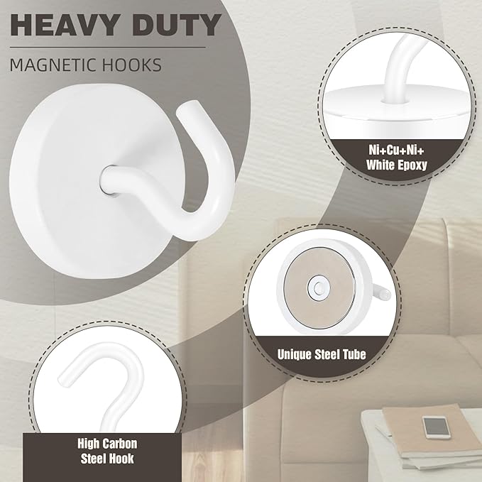 Neosmuk Magnetic Hooks, Cruise Ship Essentials, 100lb+ Heavy Duty Magnetic Hooks for Cruise Cabins, Refrigerator, Grill, Hanging, and Travel | Extra Strong Must-Haves Magnet Hook,White,Pack of 20