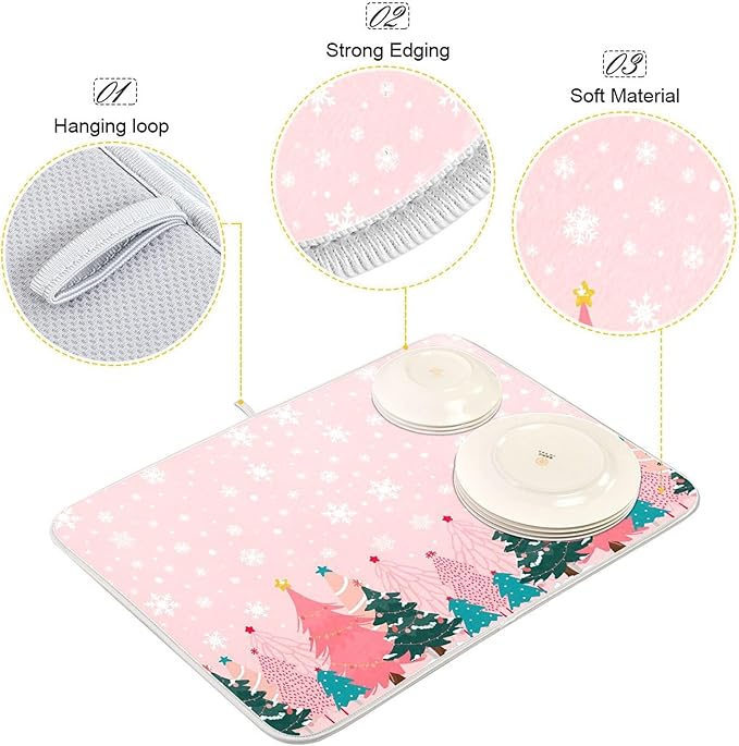 Christmas Tree Pink Dish Drying Mat for Kitchen Countertop 16x18 Winter Snowflake White Xmas Small Drying Mat Reusable Quick Dry Dish Sink Mats Easy Clean Decorative Essentials