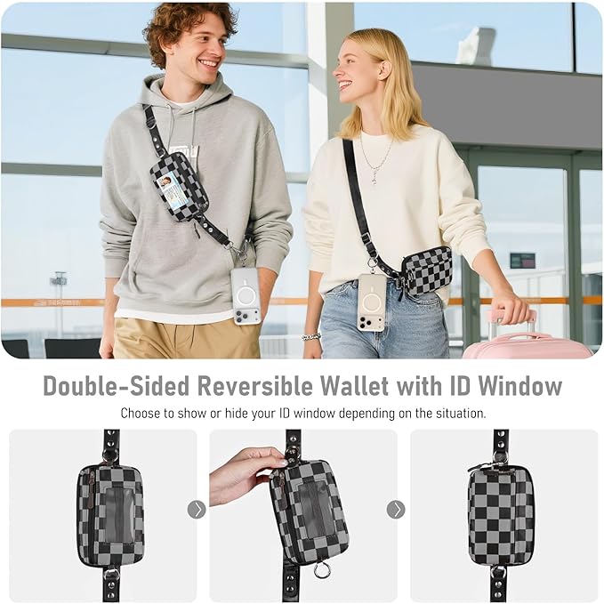 Clip and Go Strap for Phone with Wallet Crossbody Phone Lanyard and Detachable Checkered Bag with ID Window and RFID Pouch for Daily Travel.