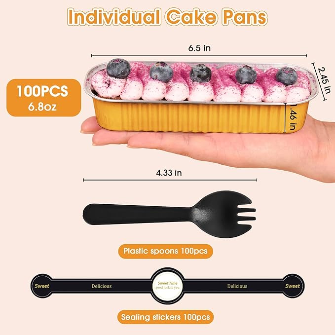 100 Pack Mini Cake Pans with Lids and Spoons, Disposable Aluminum Foil Cake Tins（6.8oz） Individual Small Cake Baking Containers for Party, Wedding, Birthday