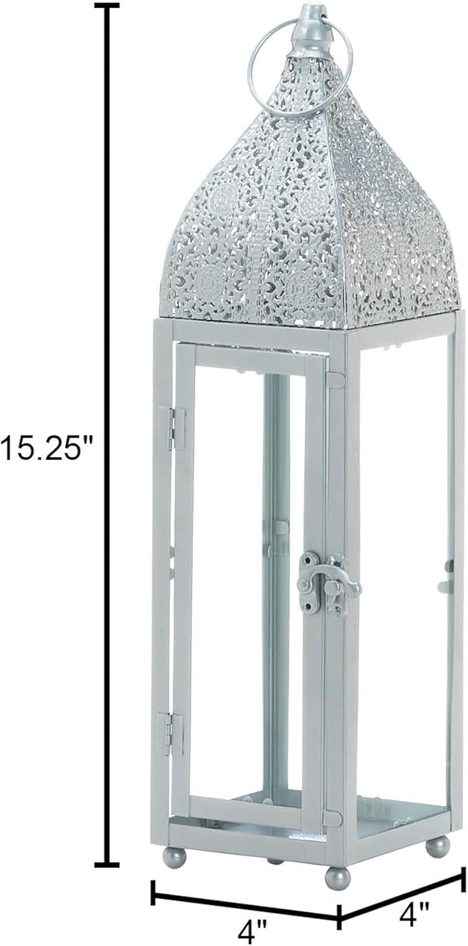 Zingz & Thingz Moroccan Style Candle Lantern Holder, Decorative Light Home Decor, Indoor & Outdoor, 15.25" Tall, Silver