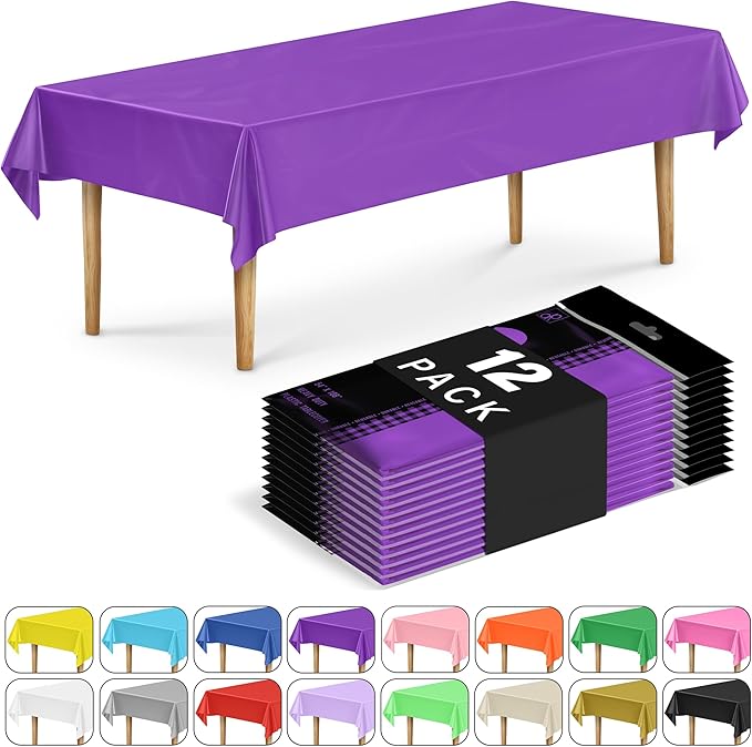 DecorRack 12 Rectangular Tablecloths BPA-Free Plastic, 54 x 108 inch, Dining Table Cloth, Rectangle Table Cover for Parties, Picnic, Camping and Outdoor, Disposable or Reusable, Purple (12 Pack)