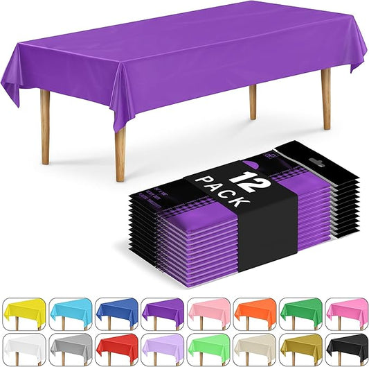 DecorRack 12 Rectangular Tablecloths BPA-Free Plastic, 54 x 108 inch, Dining Table Cloth, Rectangle Table Cover for Parties, Picnic, Camping and Outdoor, Disposable or Reusable, Purple (12 Pack)