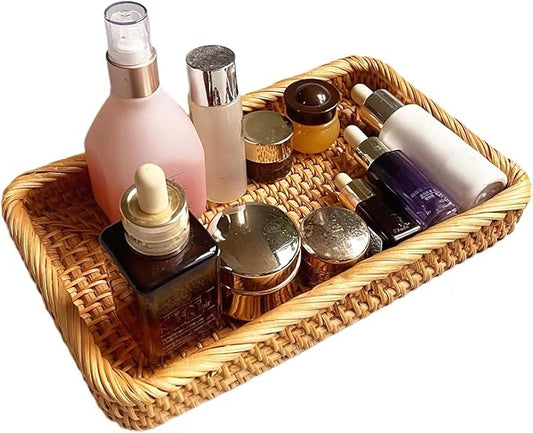 i-lan Natural Rattan Toilet Tank Basket, 10 Inch Narrow Bathroom Storage Tray for Toilet Paper & Hand Towels, Handwoven Wicker Over The Toilet Organizer, Small Vanity Shelf for Home Decor