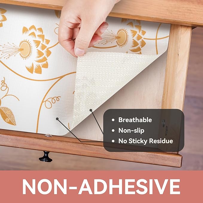 RAY STAR Shelf Liner, Non Adhesive Golden Leaves Floral Kitchen Cabinet Liner for Pantry Drawer, Strong Grip Non Slip Waterproof, Shelf Liners for Kitchen Cabinets Cupboard 12 Inch x 10 FT (2 Rolls)