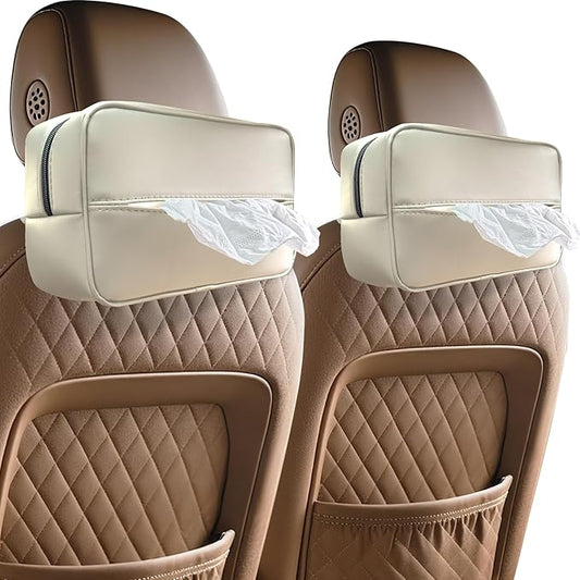Large Car Tissue Holder for 120 Standard Tissues, Premium PU Leather Tissue Holder in Car Backseat Rectangular, Napkin Holder for Car Fits for Kleenex Tissues Box Daily Use Black (2, Beige)