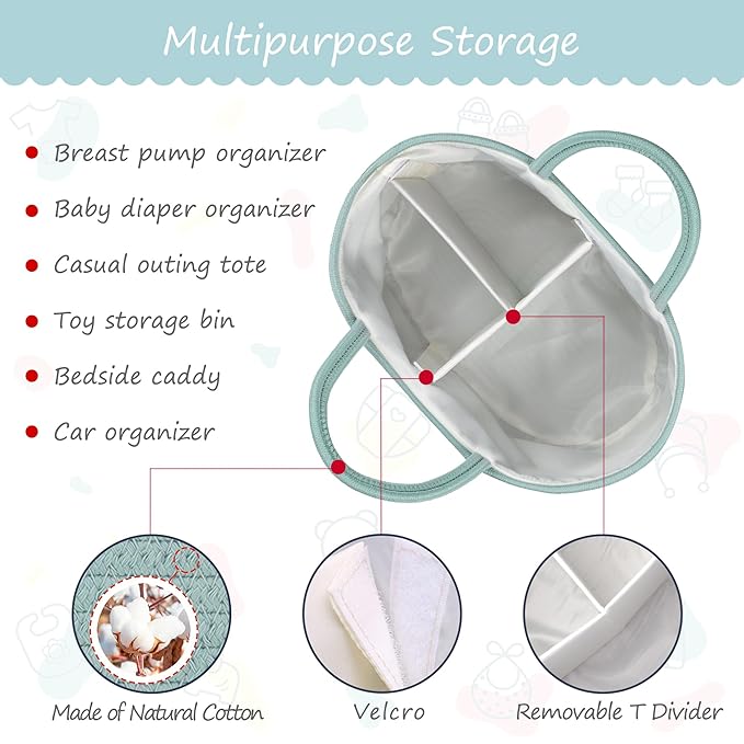 COMSE Baby Diaper Caddy Organizer, Car Caddy, Diaper Change Organizer, Gift Baskets Empty, Portable Tote Bag with Divider, Baby Shower Gifts Newborn Essentials Registry Must Have, Light Green