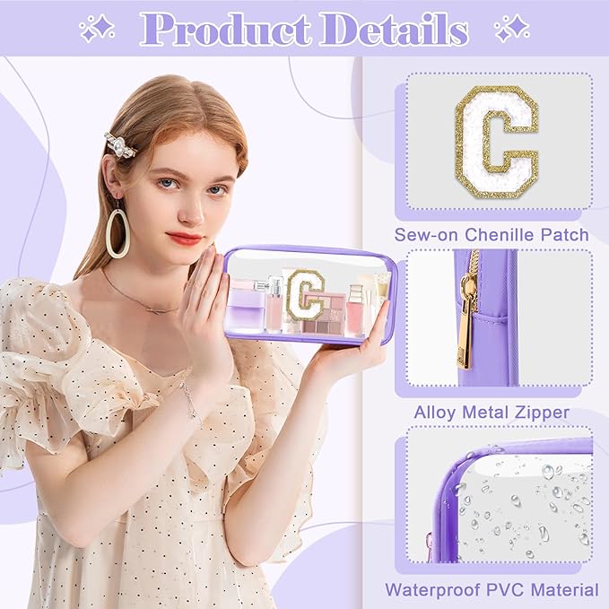 Personalized Initial Letter Clear Makeup Bag, Preppy Small Nylon & PVC Cosmetic Zipper Bag with Chenille Letter, Travel Skincare Toiletry Bag, Monogram Christmas Gift for Teen Girls Women, C
