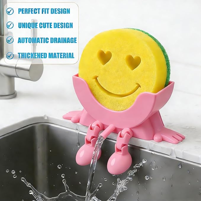 Cute Hanging Sponge Holder with Drainage, 3D Printed Kitchen Funny Sponge Stand for Sink, with Non-Slip Pads, Suitable for Scrub Daddy Holder, Keeps Your Sponge Dry and Smiling (Pink)
