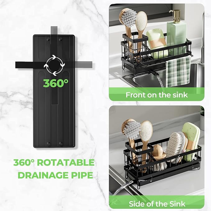 Sink Caddy kitchen Organzier with High Brush Holder, Wall-Mounted Sponge Holder for Sink, Countertop Organizer Soap Dispenser Storage, Rustproof 304 Stainless Steel Kitchen Essentials