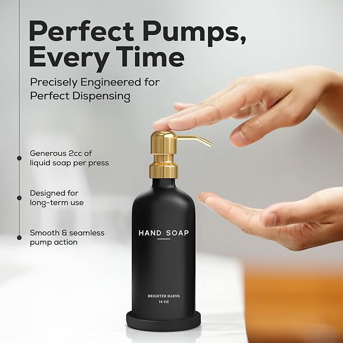 Luxury Glass Hand Soap Dispenser Bathroom Set by Brighter Barns - Refillable Glass Bottle Set - Hand Soap Dispenser for Black and Gold Bathroom Decor, Vacation Rental, Office, Spa, Hotel (Black/Gold)