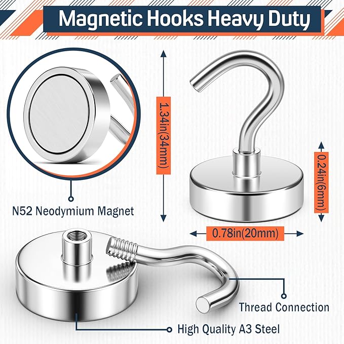 FINDMAG Magnetic Hooks for Cruise Cabins, 50lbs Magnetic Hooks for Classroom, Cruise Ship Magnets, Locker Organizer, Household Essentials, Cubicle Accessories, Camper Decor, 10 Pack, Silver