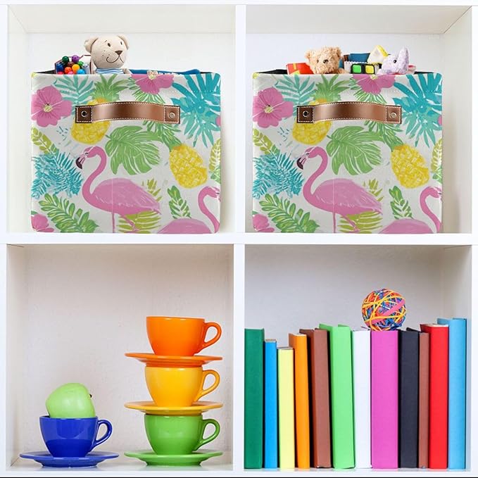 Aslsiy Storage Basket Summer Flamingo Hibiscus Nursery Bins Tropical Leaf Pineapple Baby Box Canvas Clothes Shelf Basket Laundry Hamper Gift Basket for Home Closet 1 Pcs
