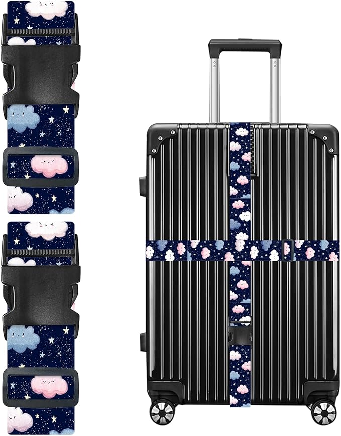 Nuxovilar Luggage Straps of 2 Set Cartoon Clouds Stars Pattern, 1.96x90.5 inches - Luggage Straps for Suitcases, Great for Night Trips, Family Travel, Daily Use