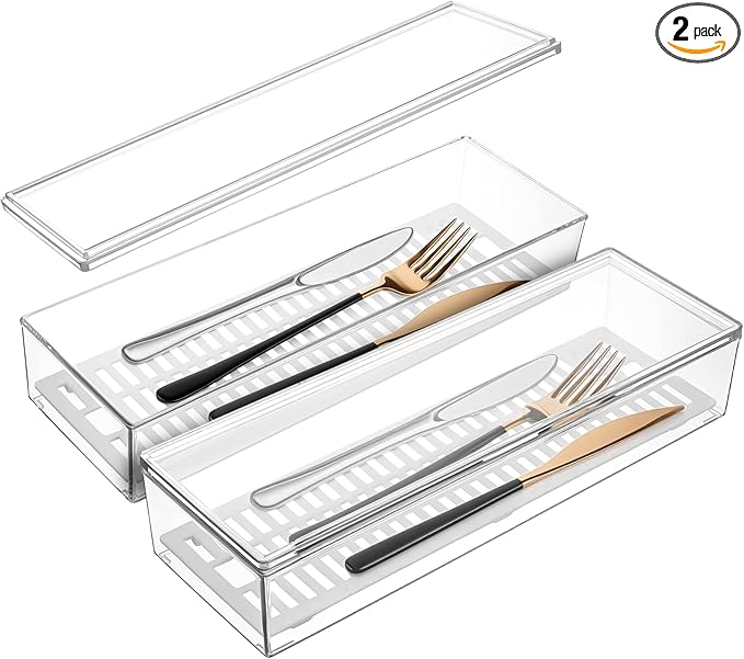 2 Pcs Clear Silverware organizer with lid, Plastic Flatware Storage Box, Kitchen Drawer Organizer tray, Cutlery Utensil Holder for Flatware and Silverware