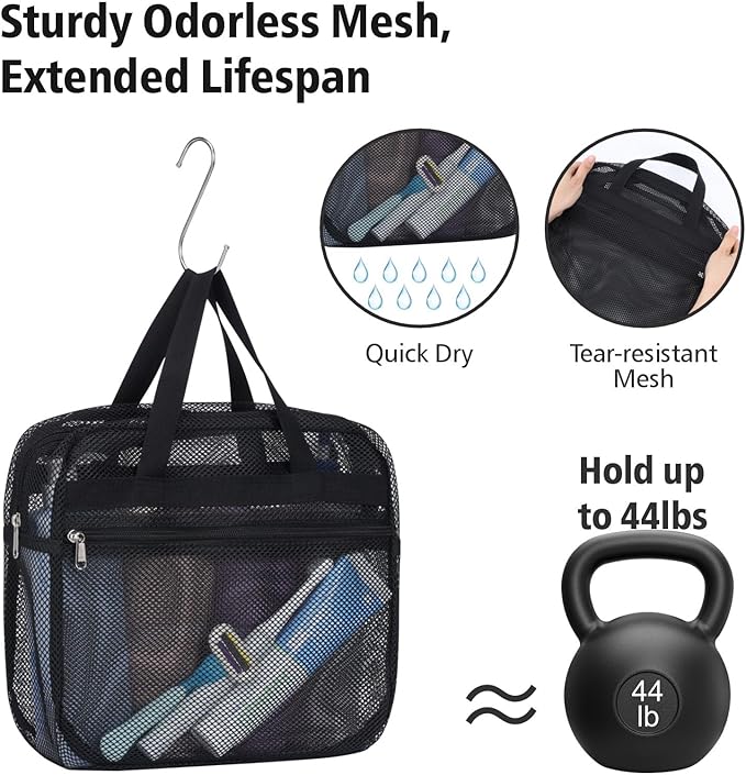 F-color Mesh Shower Caddy Portable with Zipper - Dorm Room Essentials for Guys and Girls with S Hook, Shower Bag Basket Tote for College, Camping, Toiletry, Bathroom, Black