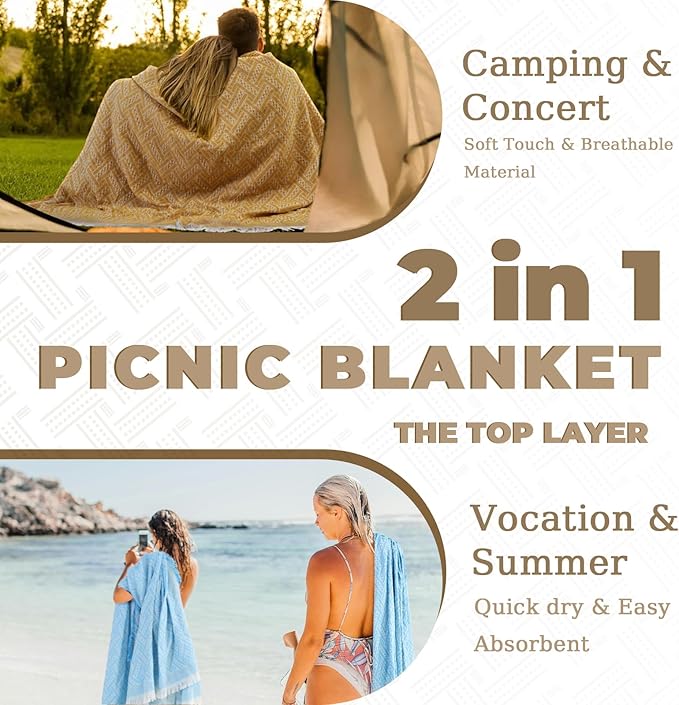 Genovega 2 in 1 Extra Large 80"* 80" Picnic Blankets Waterproof Outdoor Beach Blanket Foldable Camping Mat Supplies Europe Travel Accessories Hawaii Necessities Hiking Items Yellow