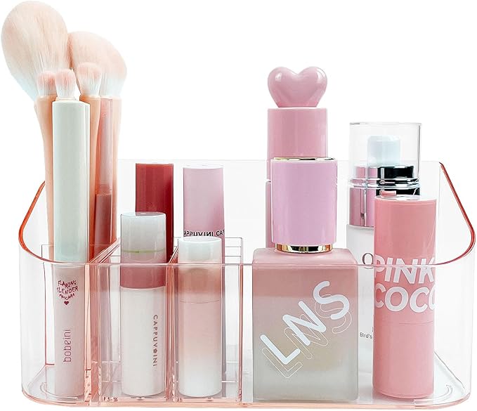 SUNFICON Makeup Holder Tray Organizer Cosmetic Display Case Tabletop Desktop Vanity Countertop Bathroom Wall Cabinet Medicine Storage Box 9 Dividers 2 Removable for Womens Ladies Girls Crystal Pink