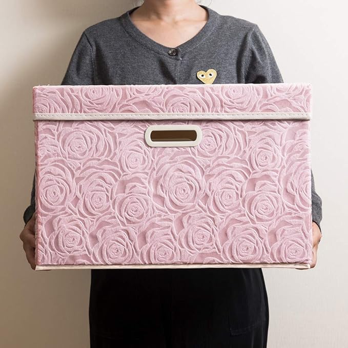 PRANDOM Larger Collapsible Storage Bin with Lid [1-Pack] Fabric Decorative Storage Box Cube Organizer Container Basket with Handles Divider for Bedroom Closet Living Room Pink 17.7x11.8x11.8 Inch