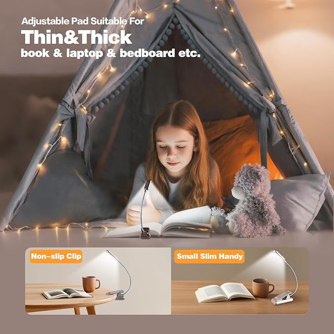 VAVOFO Rechargeable Book Light for Reading in Bed Kids, 7 LED Reading Light with 9-Level Warm Cool White Daylight, Eye Care Lamp with Power Indicator for Bookworms (Champagne Gold)