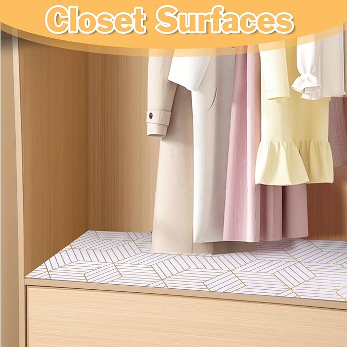 Shelf Liners for Kitchen Cabinets Non Adhesive Shelf Liner Paper Non-Slip Thickened Drawer Liner Easy to Clean for Tool Box Refrigerator with Knife and Tape Measure, Gold Geometric, 17.3 x 354.3 in