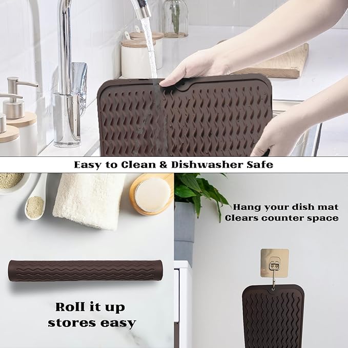 ZLR Silicone Dish Drying Mat for Kitchen Counter, Eco-Friendly Fast Dry Dish Mat, Easy Clean Multi Usage Drying Matt, Heat Resistant Trivet, 12" x 12" Middle, Coffee