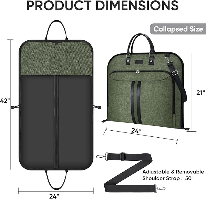 BALEINE Travel Garment Bag, Travel Suit Bag for Men, 42'' Waterproof Carry on Garment Bag for Hanging Clothes, Garment Duffel Bag for Travel Business (Green)