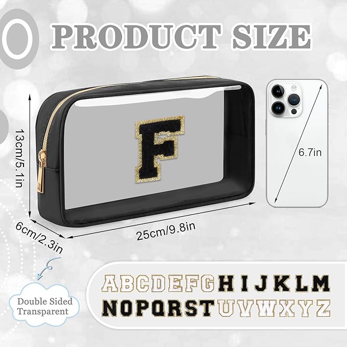 Small Clear Personalized Initial Makeup Bag,Nylon Preppy A-Z Chenille Letter Patch Cosmetic Pouch Beach Toiletry Bag,Waterproof Zipper Travel Purse Storage Bag Organizer for Women Girls(Black-Black F)