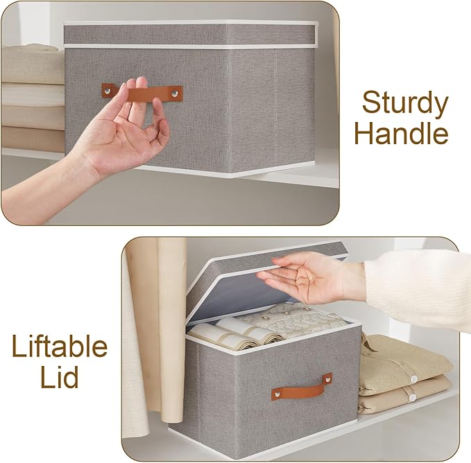 YheenLf Storage Baskets with Lids and Double Handles, Linen Foldable Storage Bins, 17.7 x 11.8 x 11.8 Inch Closet Organizer Boxes for Laundry Bedroom, Grey, 3-Pack