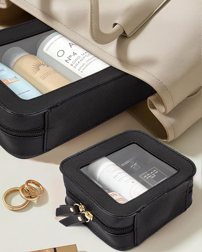 2 Pcs Travel Clear Makeup Bag Set, Clear Black Makeup Organizer with Zipper Leather Travel Bags for Toiletries Small Cosmetic Bags for Women Mini Make up Pouch Toiletry Bags Car Essentials