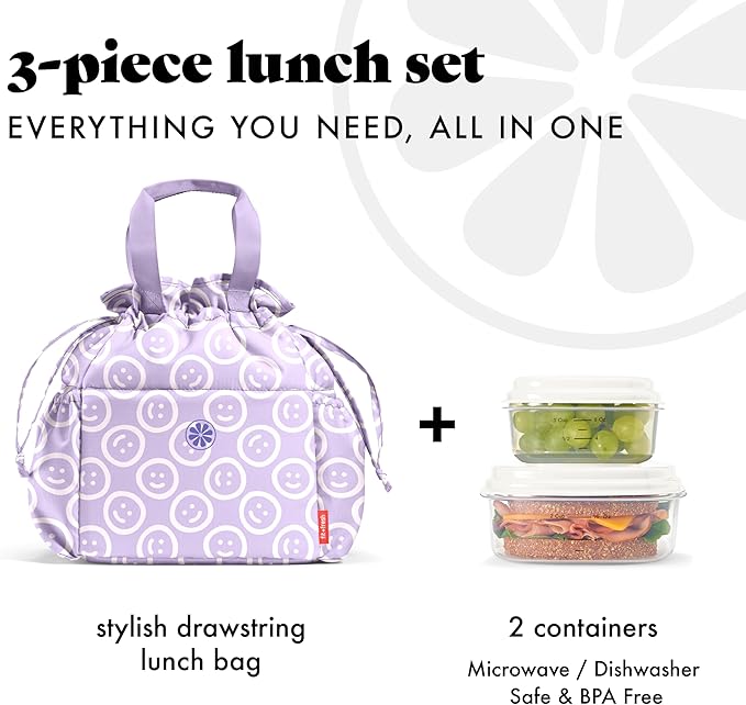 Fit & Fresh Cromwell Drawstring Lunch Bag for Women, Complete Lunch Set with 2 Containers, Stain-Resistant, Leak-Resistant, Back to School Essential, Teacher Lunchbox, All Smiles Lavender