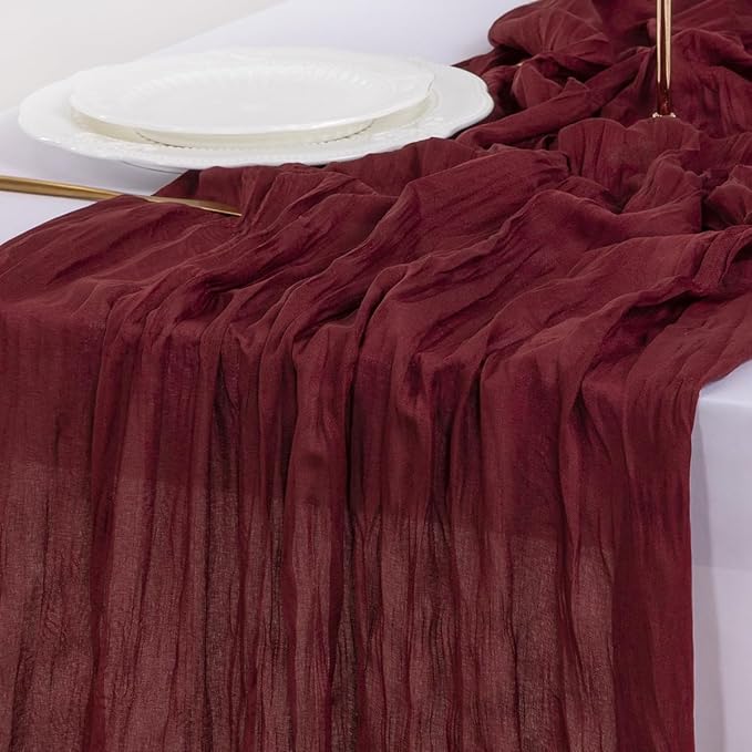 Socomi 3pcs Burgundy Red Summer Cheesecloth Table Runner Boho Rustic Gauze 120 inch 10FT Cheese Cloth Sheer Runner for Wedding Party Baby Shower Birthday Home Decor Holiday Decorations