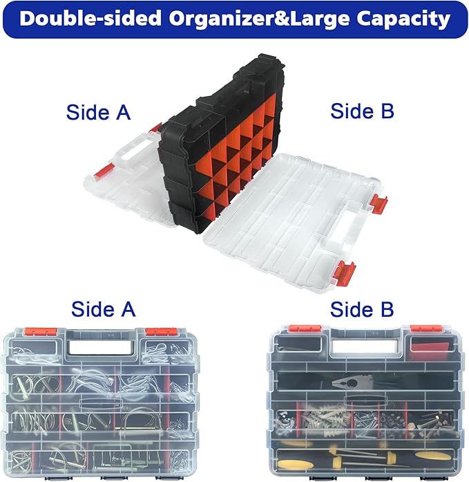 Tools Organizer Box Small Parts Storage Box 50-Compartment Double Side Hardware Organizers with Removable Plastic Dividers for Screws, Nuts, Nails, Bolts, Orange