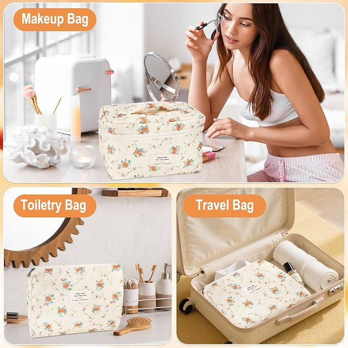 3Pcs Cotton Quilted Makeup Bag for Women Girls Large Small Travel Floral Cosmetic Bags Set Cute Coquette Zipper Makeup Pouch for Purse Aesthetic Cloth Flower Storage Toiletry Bag Organizer