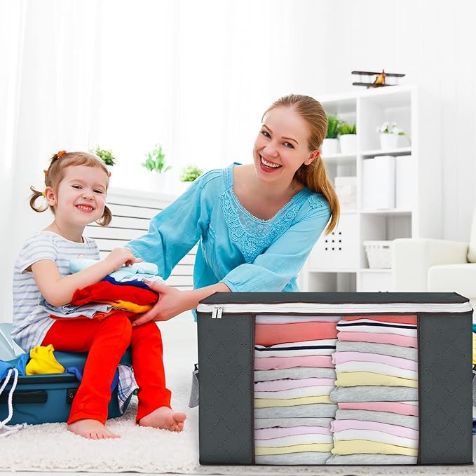 Budding Joy 90L Large Storage Bags, 10 Pack Clothes Storage Bins Foldable Closet Organizers Storage Containers with Reinforced Handle for Clothing, Blankets, Comforters, Bed Sheets, Pillows (Gray)