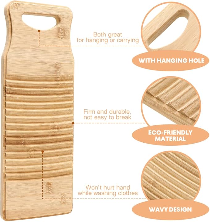 Cabilock Bamboo Washboard for Hand Washing Clothes, 15.7 Inch Wood Laundry Scrub Board, Anti-Slip Lavadero Tabla de Lavar Ropa a Mano, Portable Washer for Sink Travel, Vintage Instrument