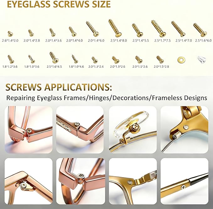 Gold Eyeglass Repair Kit with 18 Sizes Gold-Plated Screws, 1.4mm Precision Screwdrivers, Tweezers, Nose Pads & Cloth - Compact Eye Glass Repairing Kit for All Eyewear Types