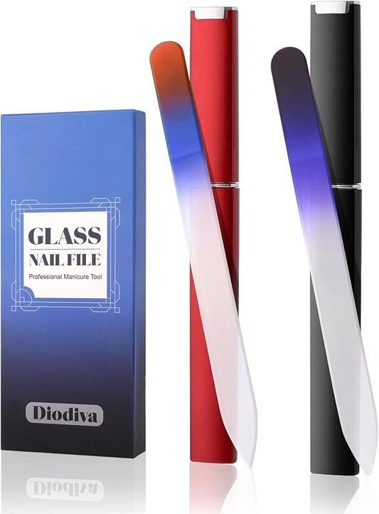 2-Pack Glass Nail File 2mm Thickness Crystal Files with Case Fingernail File for Nature Nails Double-Sided Etched Czech Glass Files for Travel Fine Grit Nail Filer Gifts Package Stocking Stuffers