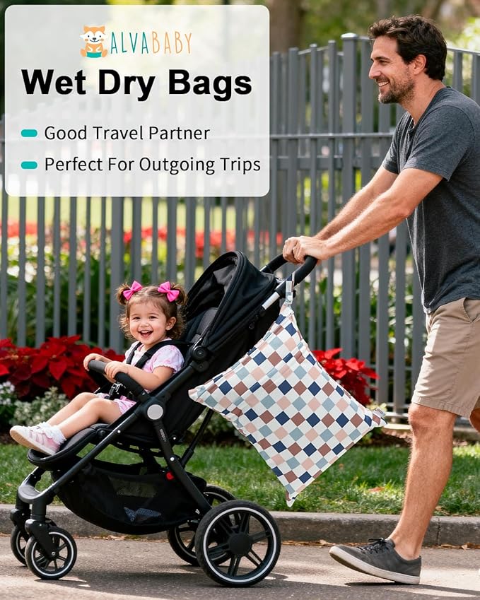 ALVABABY 3 pcs Cloth Diaper Wet Dry Bags Waterproof Reusable with Two Zippered Pockets Travel Beach Pool Daycare Soiled Baby Items Yoga Gym Bag for Swimsuits or Wet Clothes Small Medium Large 3L-SML12