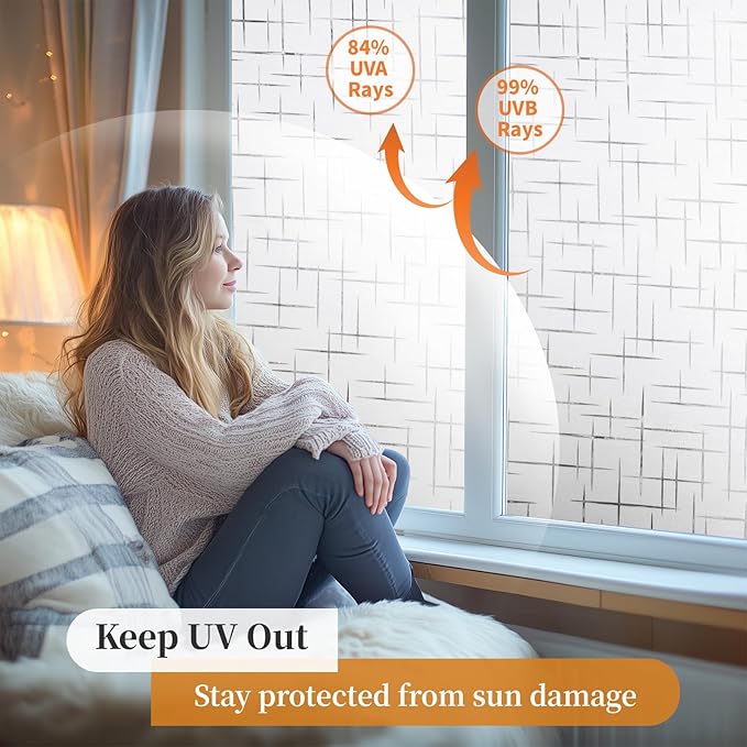 Window Privacy Film Frosted Glass Window Film Decorative, Removable Static Cling Heat Blocking Sun Blocker Front Door Window Covering for Bathroom Home Office (Cross Pattern,17.5" x 78.7")