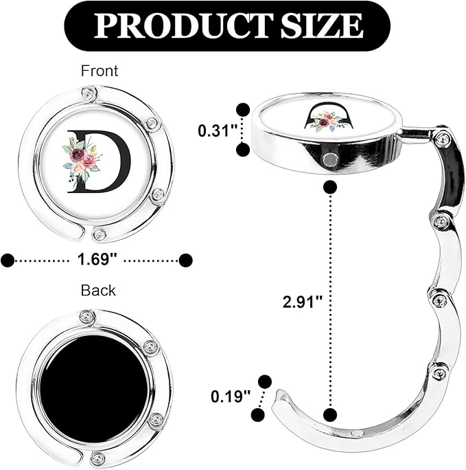 XSUIOY 3Pcs Personalized Initial Foldable Purse Hook for Table,Crushed Flower Letters Folding Purse Hanger,Purse Holder Handbag Hanger Collection Desk Table Bag Hooks Gifts for Women Bag(Black-D)